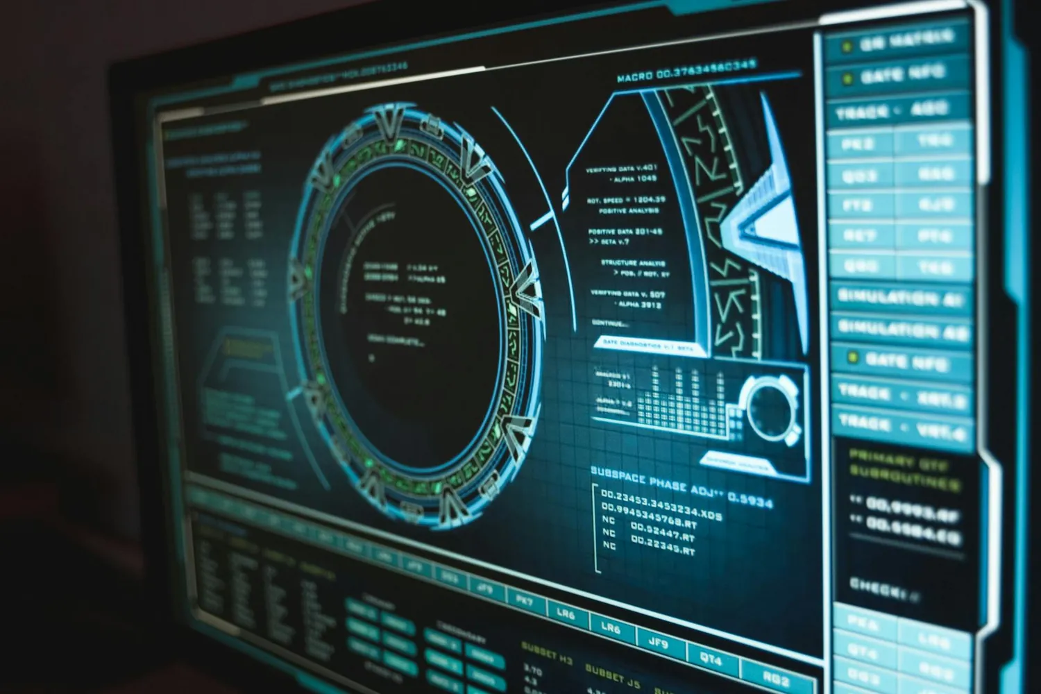 A dark analytics dashboard on a widescreen monitor, filled with charts and a world map