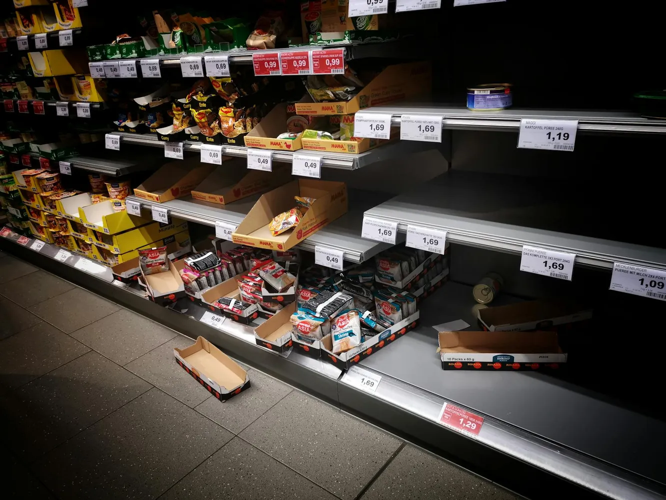 Chilled supermarket shelves stocked with fruit and vegetables, price labels along the shelf edge